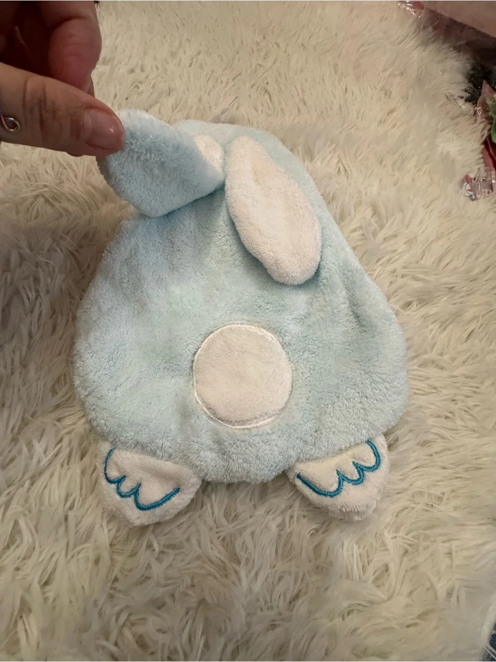 Plush Bunny Ears Hooded hand towel bathroom kitchen hanging - Light Blue & White